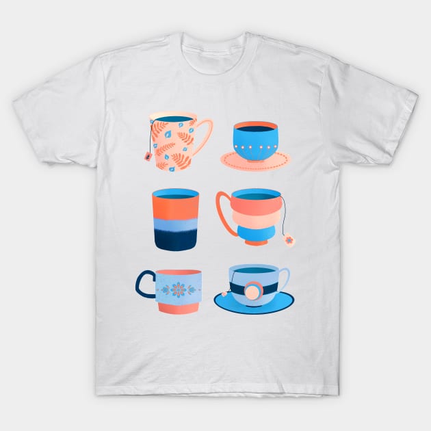 Coral and blue retro tea cups T-Shirt by Home Cyn Home 